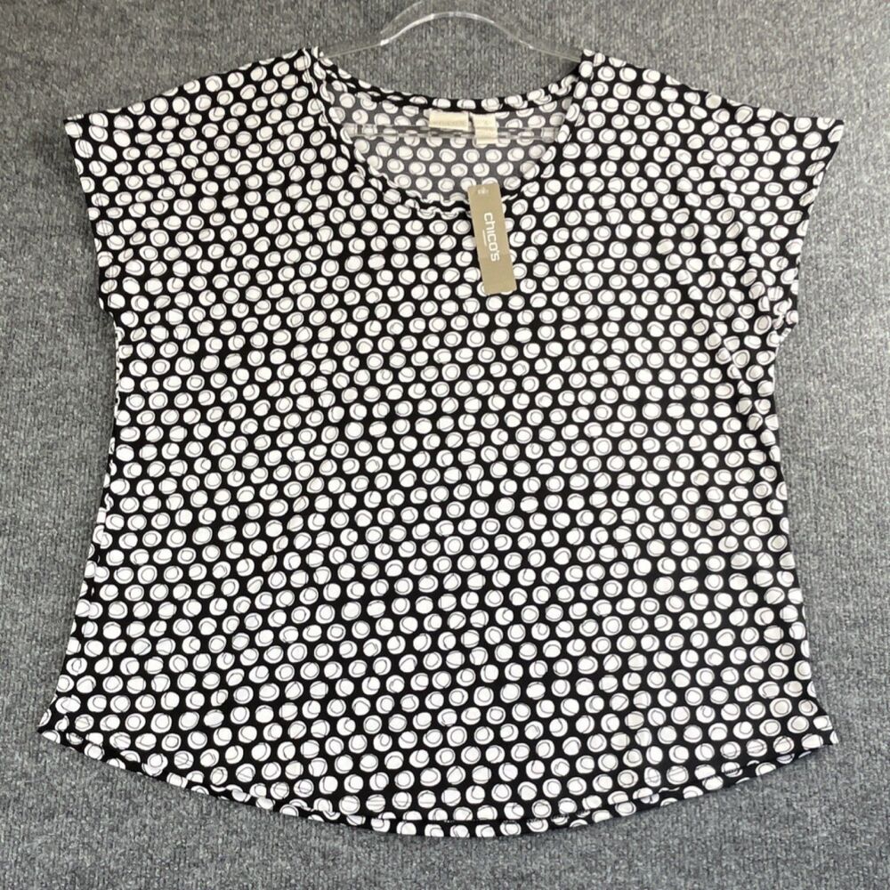 Chico’s Lovely Dots Women’s Black White Scoop Neck Cap Sleeve Knit Top Sz 3 USXL